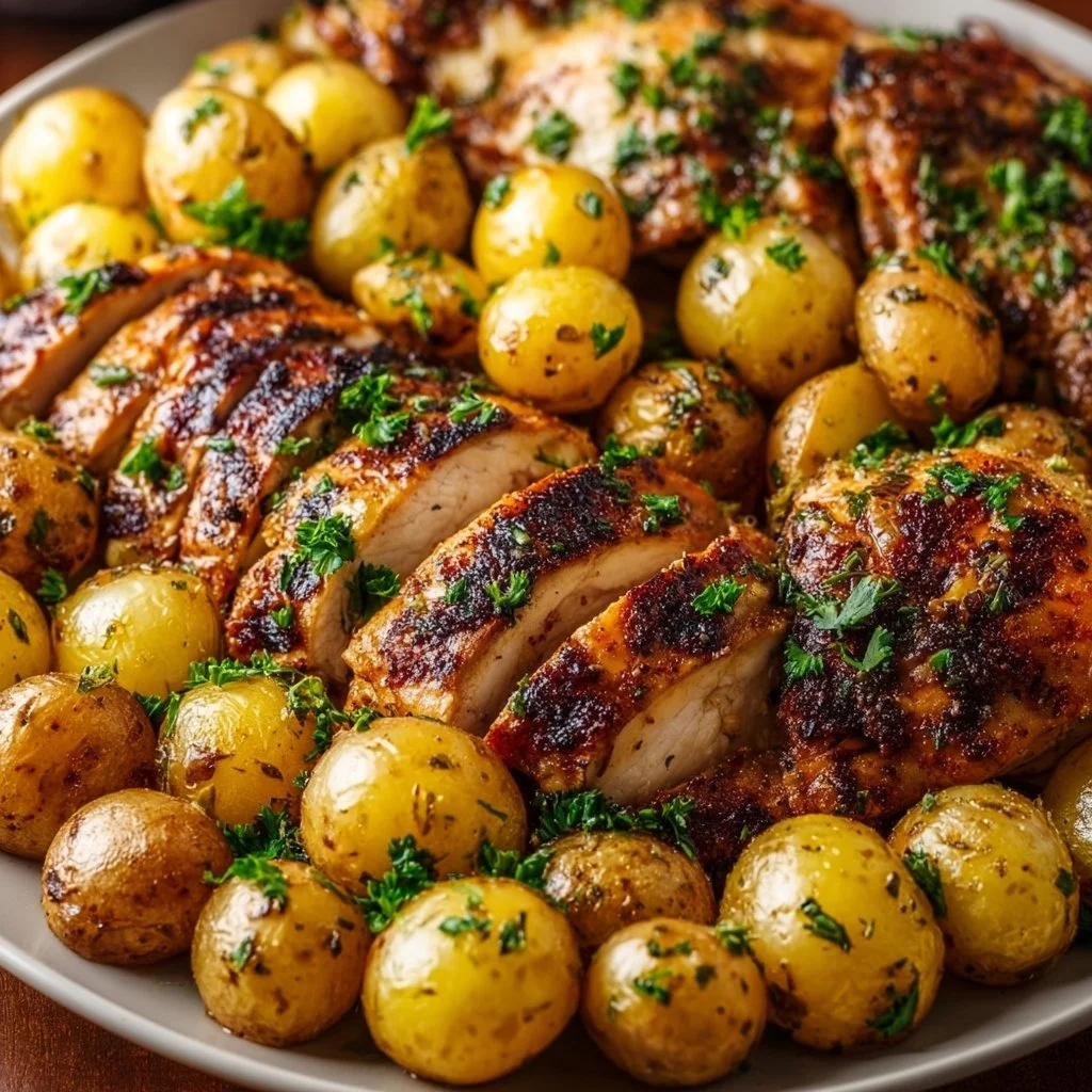 Sheet pan lemon balsamic chicken with roasted potatoes ready to serve
