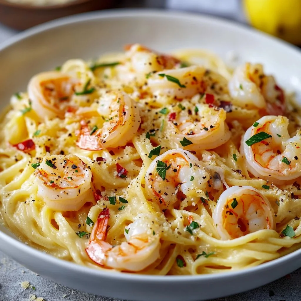 Creamy shrimp scampi garlic cream pasta served in a bowl