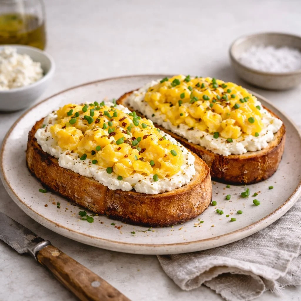 Delicious Egg and Ricotta Toast topped with fresh herbs on rustic bread.