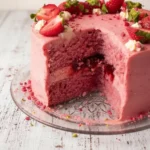 A delicious small-batch strawberry cake topped with fresh strawberries and whipped cream