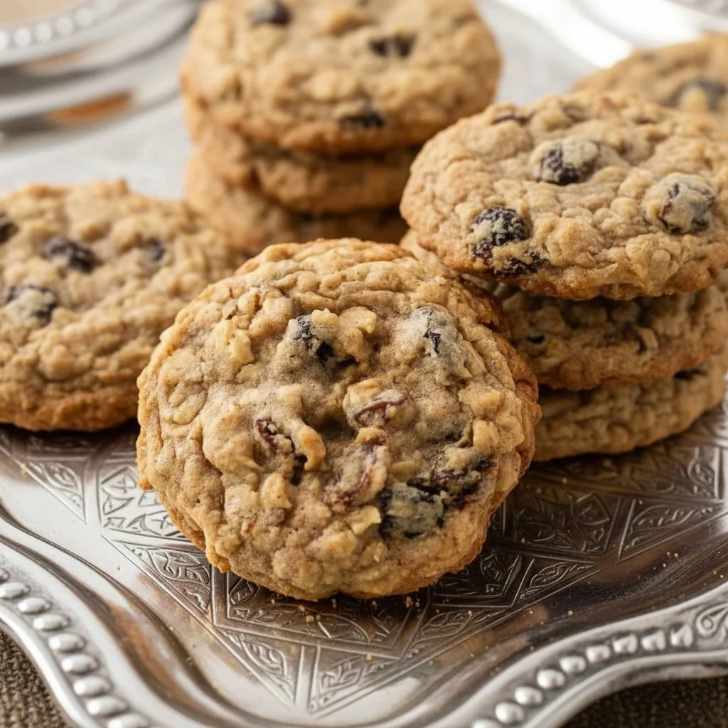 Delicious soft and chewy oatmeal raisin cookies on a plate