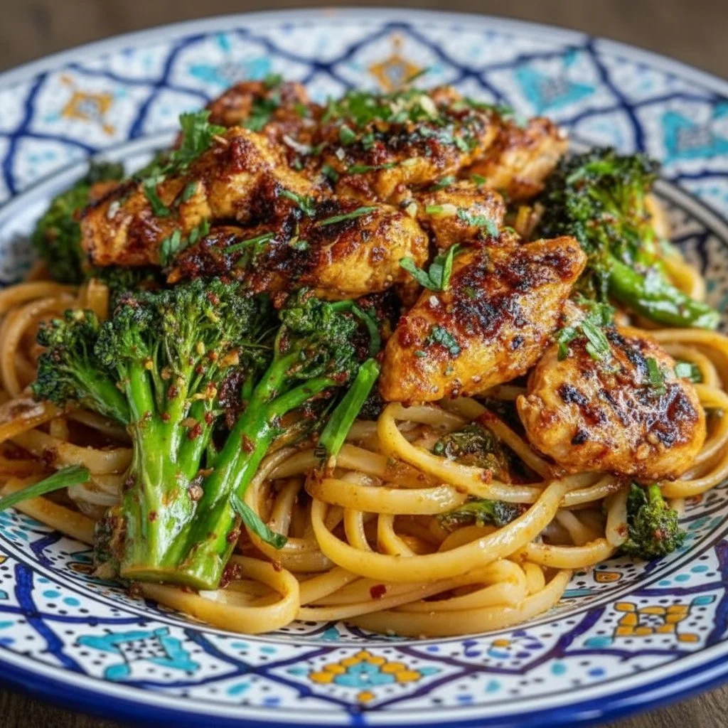 Spicy Garlic Chicken and Broccoli Noodle Bowls Delight You! 3 Delicious Spicy Garlic Chicken served with broccoli and noodles in a vibrant bowl