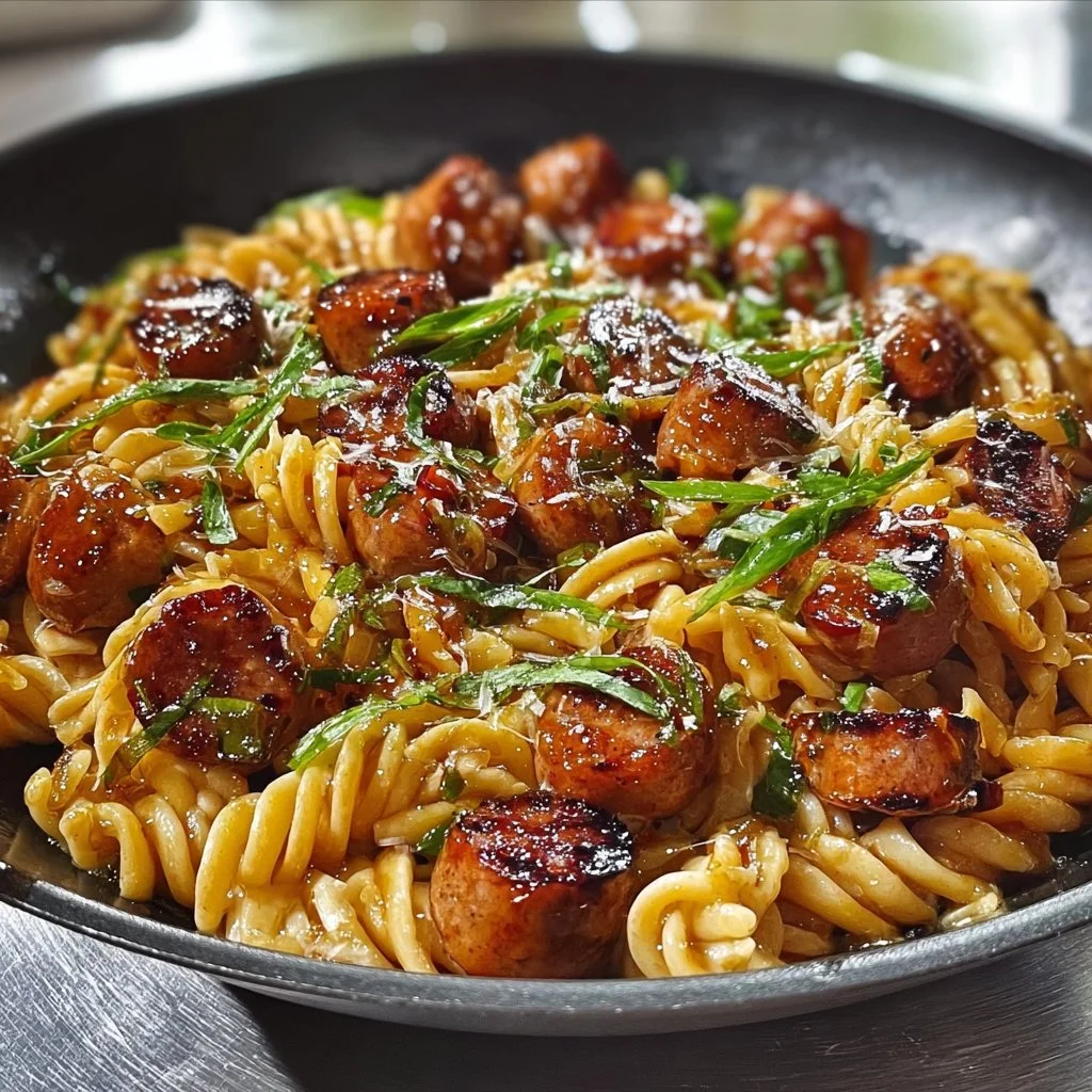Sticky Honey Garlic Sausage Pasta Skillet