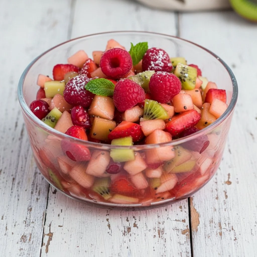 Sweet fruit salad topped with cinnamon sugar tortilla chips