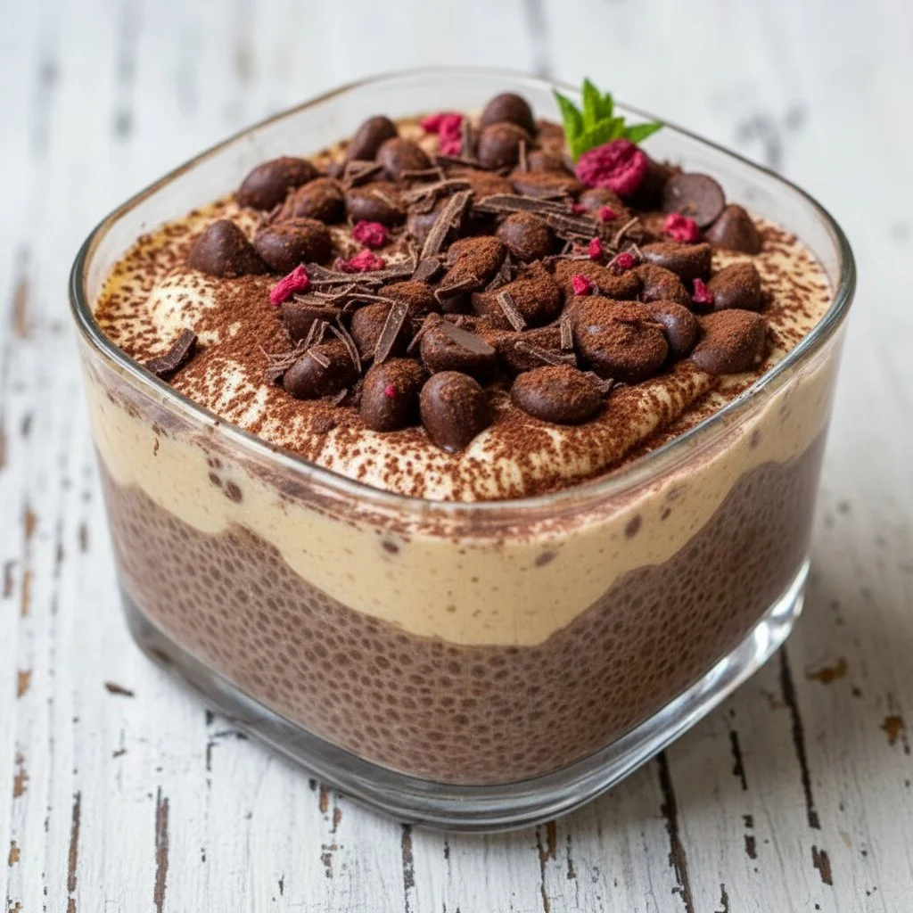 Delicious Tiramisu Chia Pudding served in a glass with cocoa powder on top
