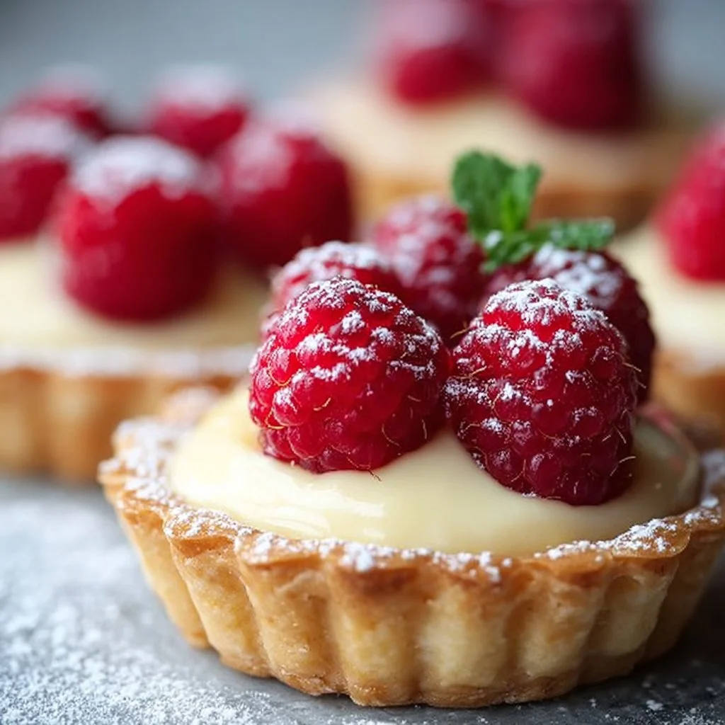 Vanilla Cream Tarts with Fresh Raspberries 3 Delicious Vanilla Cream Tarts topped with fresh raspberries on a white plate
