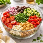 Colorful Mediterranean Chickpea Salad with tomatoes, cucumber, and feta cheese