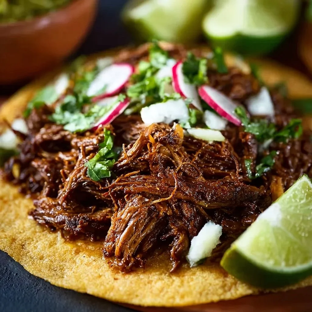 Plate of authentic Mexican barbacoa garnished with cilantro and onions