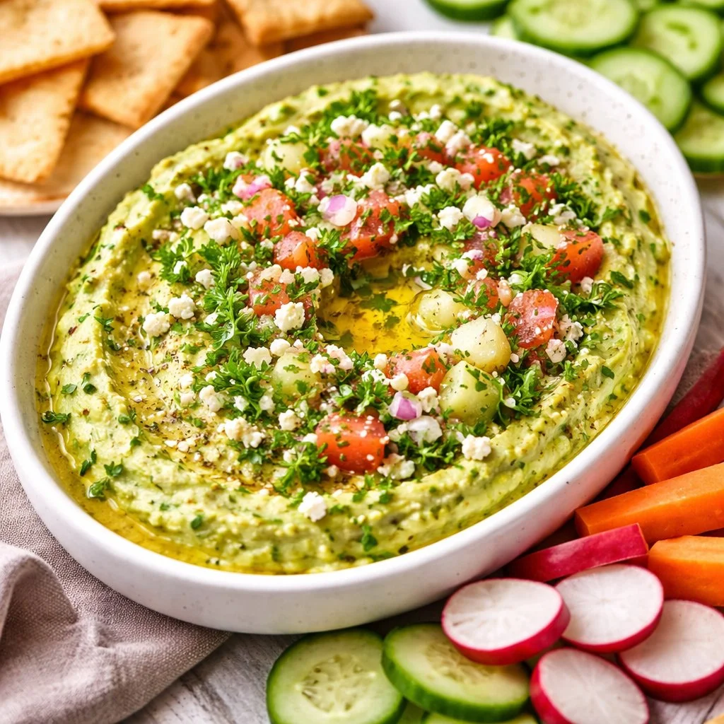 Fresh Avocado Feta Salsa Dip served in a bowl with tortilla chips