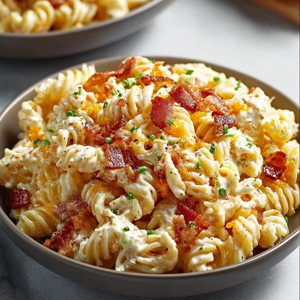 Delicious Bacon Cheddar Ranch Pasta Salad in a bowl topped with crispy bacon