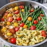 Basil pesto chicken with tortellini, asparagus, and cherry tomatoes on a plate