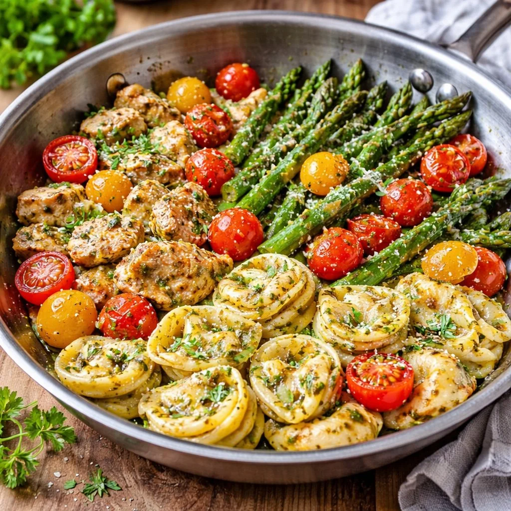 Basil Pesto Chicken with Tortellini, Asparagus, and Cherry Tomatoes 4 Basil Pesto Chicken with Tortellini, Asparagus, and Cherry Tomatoes