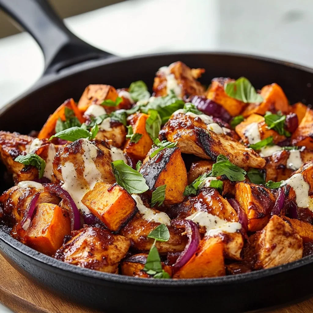 BBQ Chicken Sweet Potato Skillet – Easy One-Pan Dinner 3 BBQ chicken sweet potato skillet served in a frying pan