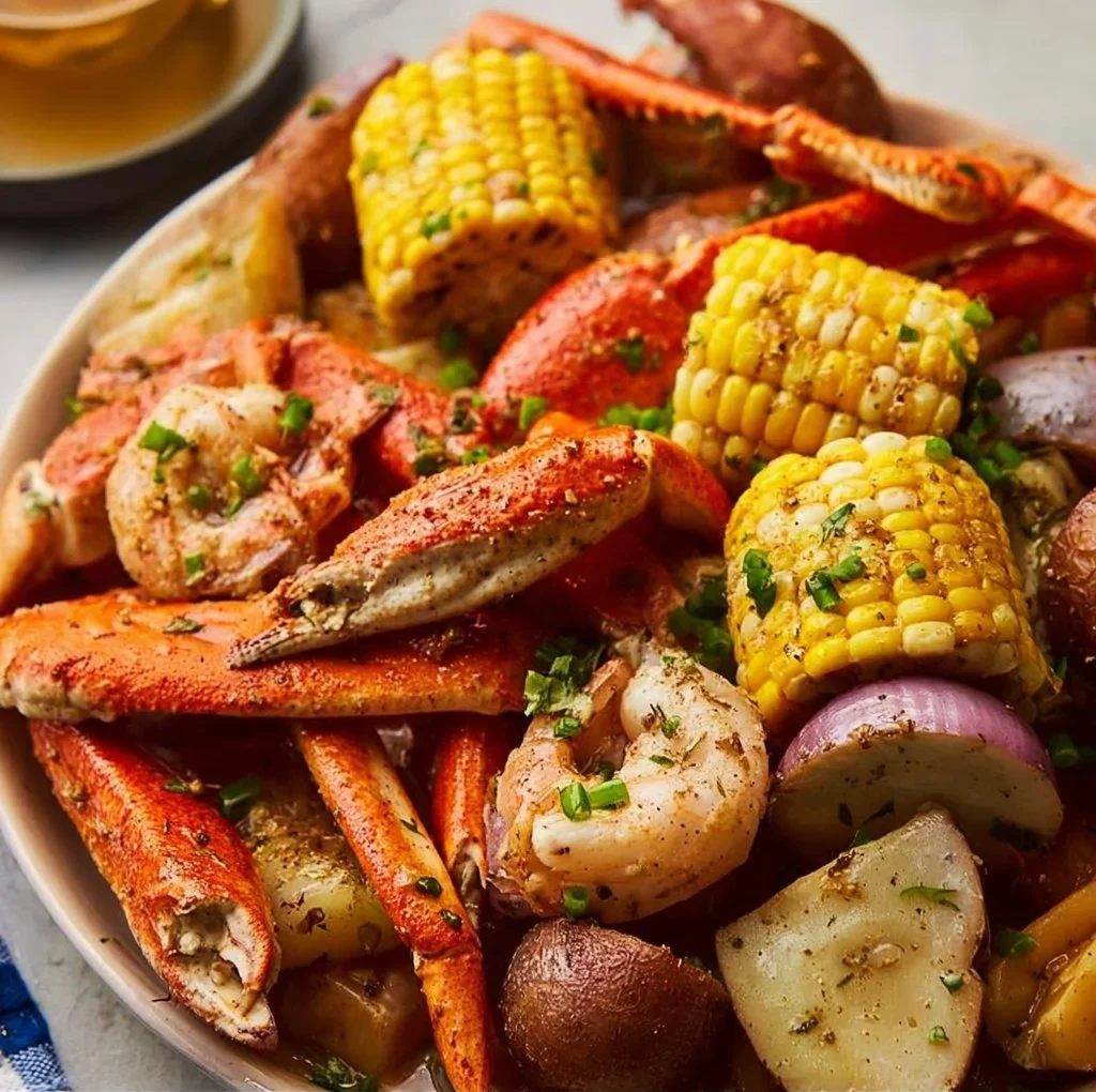 Delicious seafood boil with shrimp, crab, and vegetables in a pot.