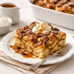 Delicious homemade bread pudding served with a creamy sauce