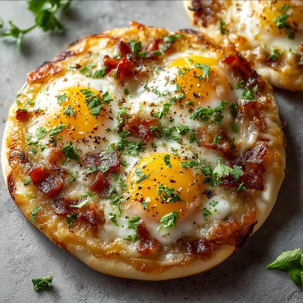 Delicious breakfast pizza topped with eggs, bacon, and cheese