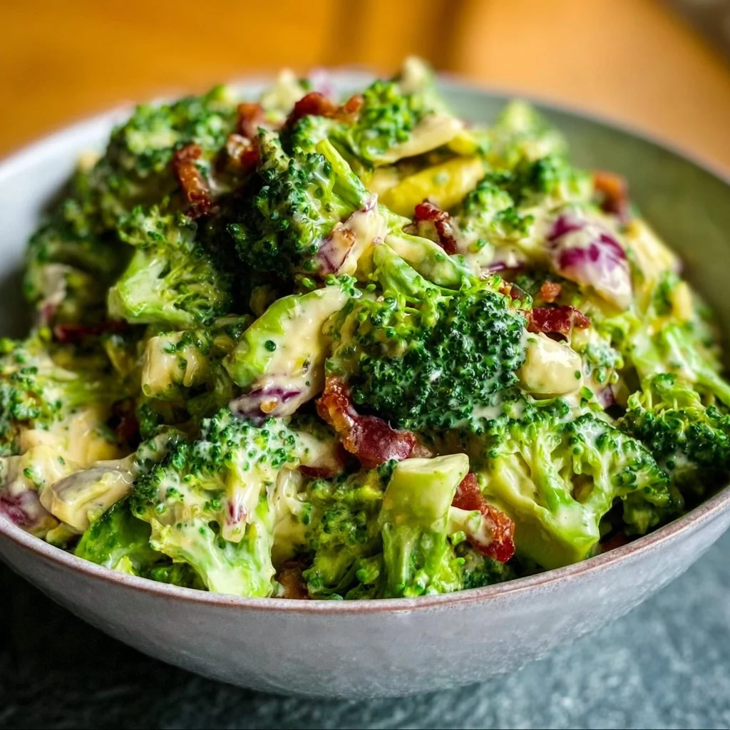 Colorful broccoli salad with vegetables and dressing in a serving bowl