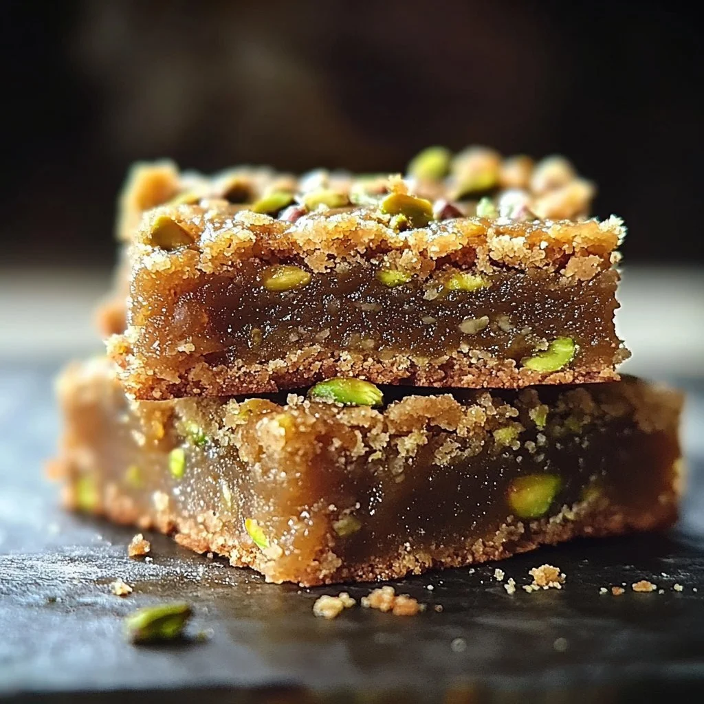 Brown butter and honey pistachio cookie bars on a plate ready to enjoy.