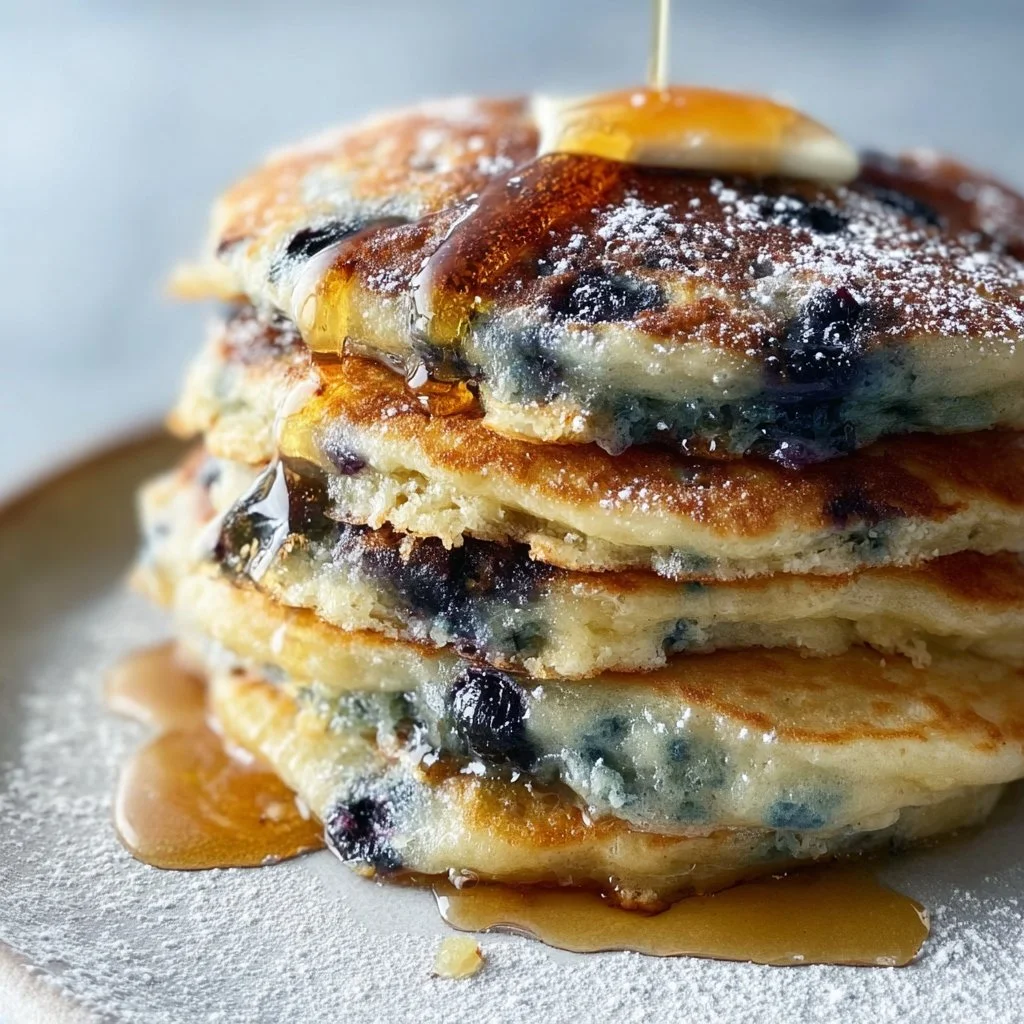 Fluffy buttermilk blueberry pancakes topped with fresh berries and syrup