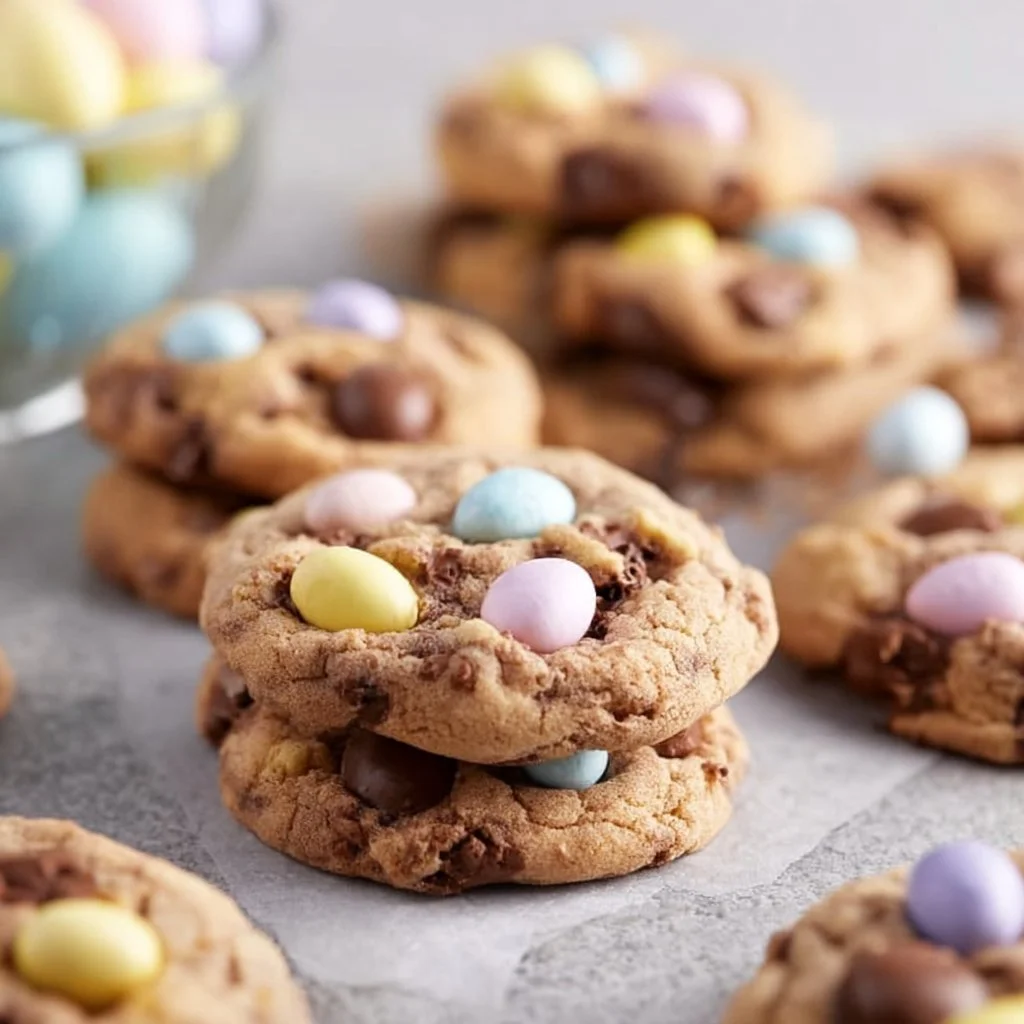 Plate of freshly baked Cadbury Egg Cookies with colorful candy bits