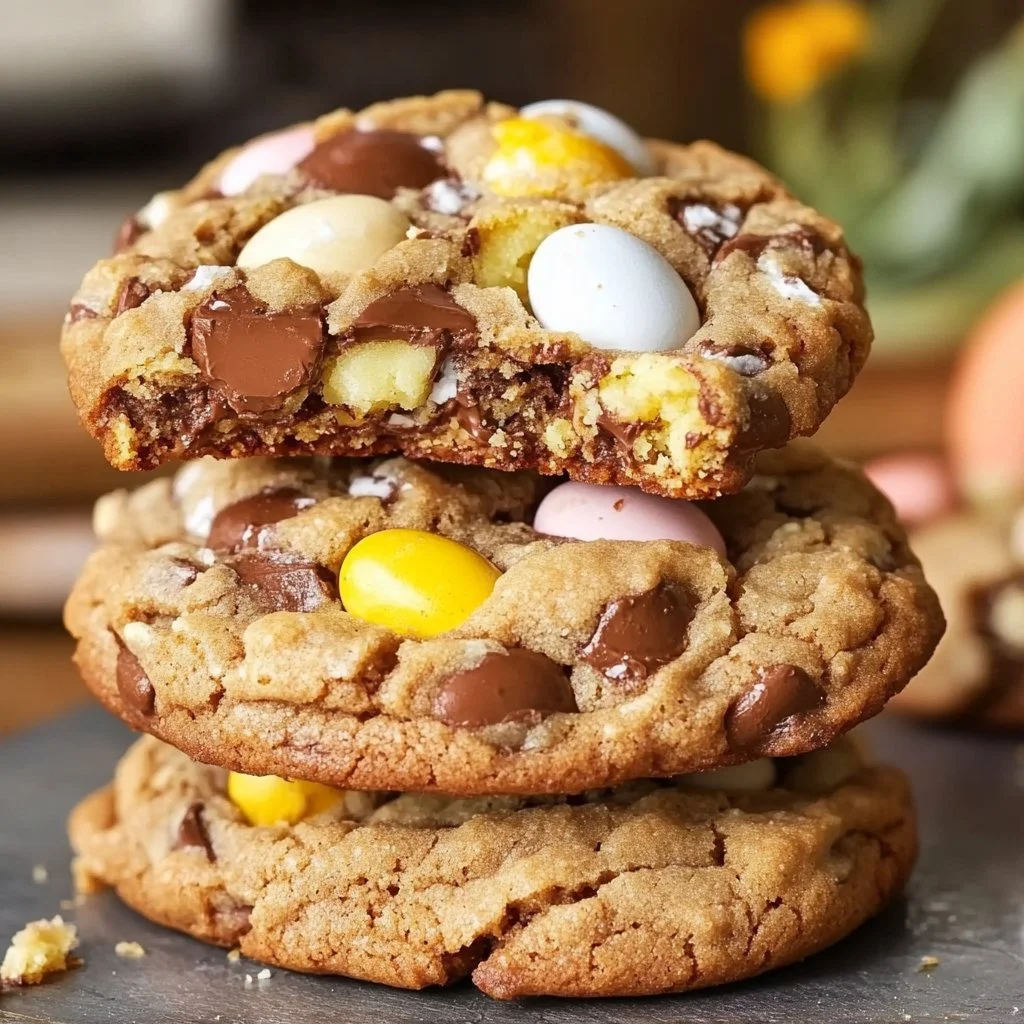 Cadbury Egg Cookies 3 Delicious Cadbury Egg Cookies with chocolate chunks and colorful candy eggs