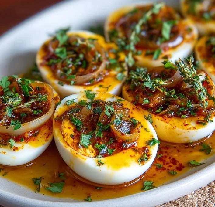 Cajun boiled eggs drizzled with spicy garlic butter sauce.