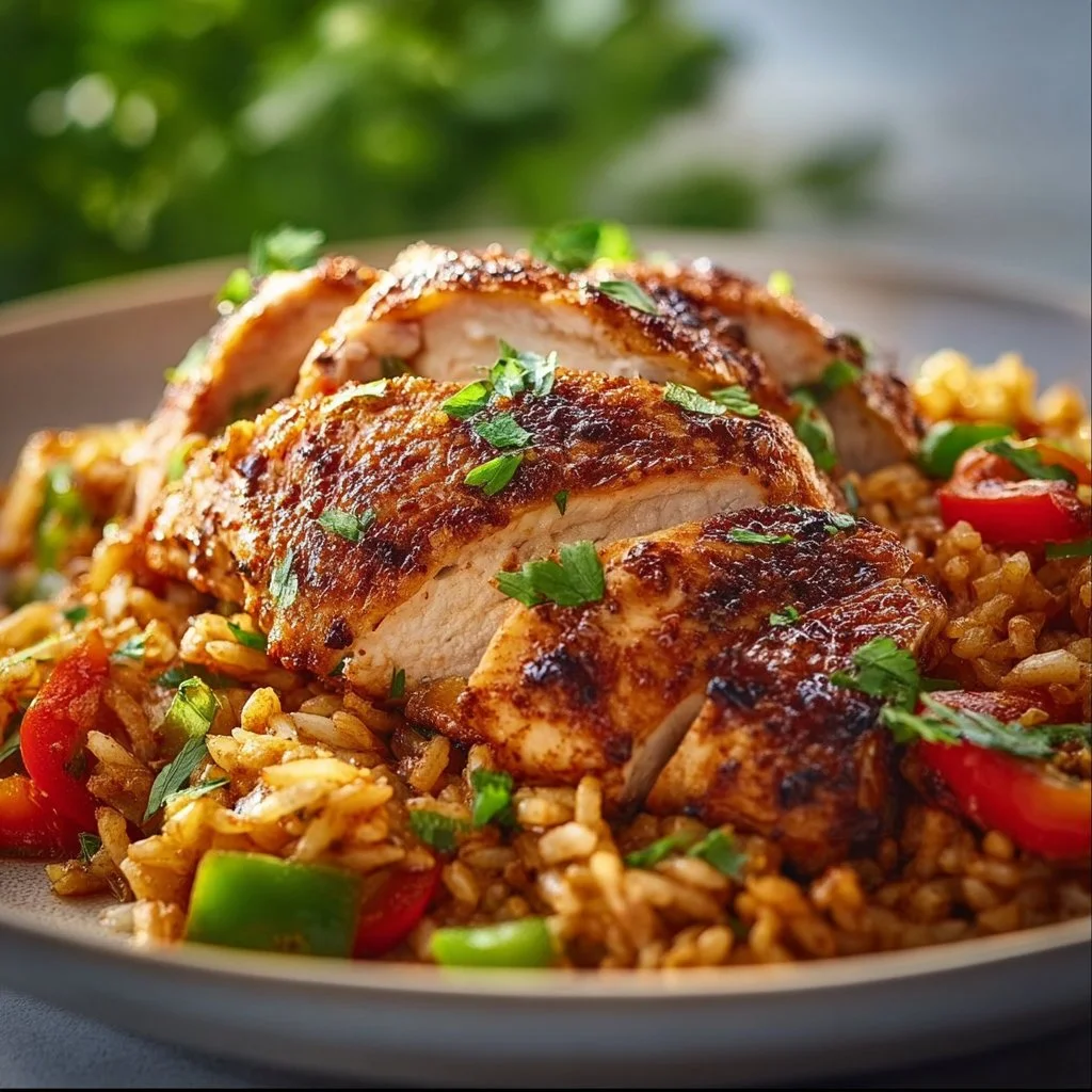 Flavorful Cajun Chicken served with seasoned rice in a colorful plate.