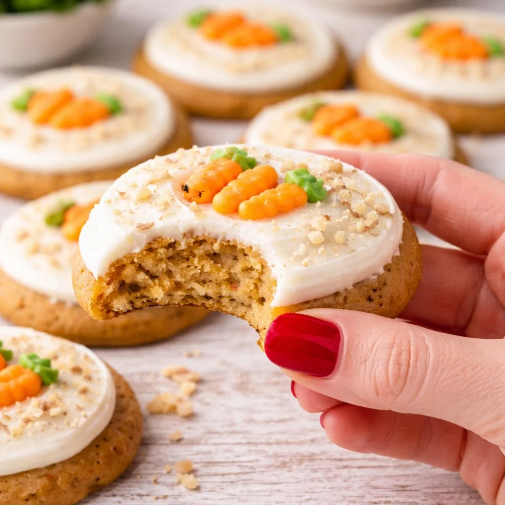 Delicious homemade Carrot Cake Cookies with cream cheese frosting on a plate.