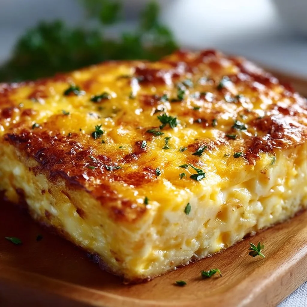 Cheesy Egg Bake 3 Delicious Cheesy Egg Bake ready to serve, topped with melted cheese and herbs.