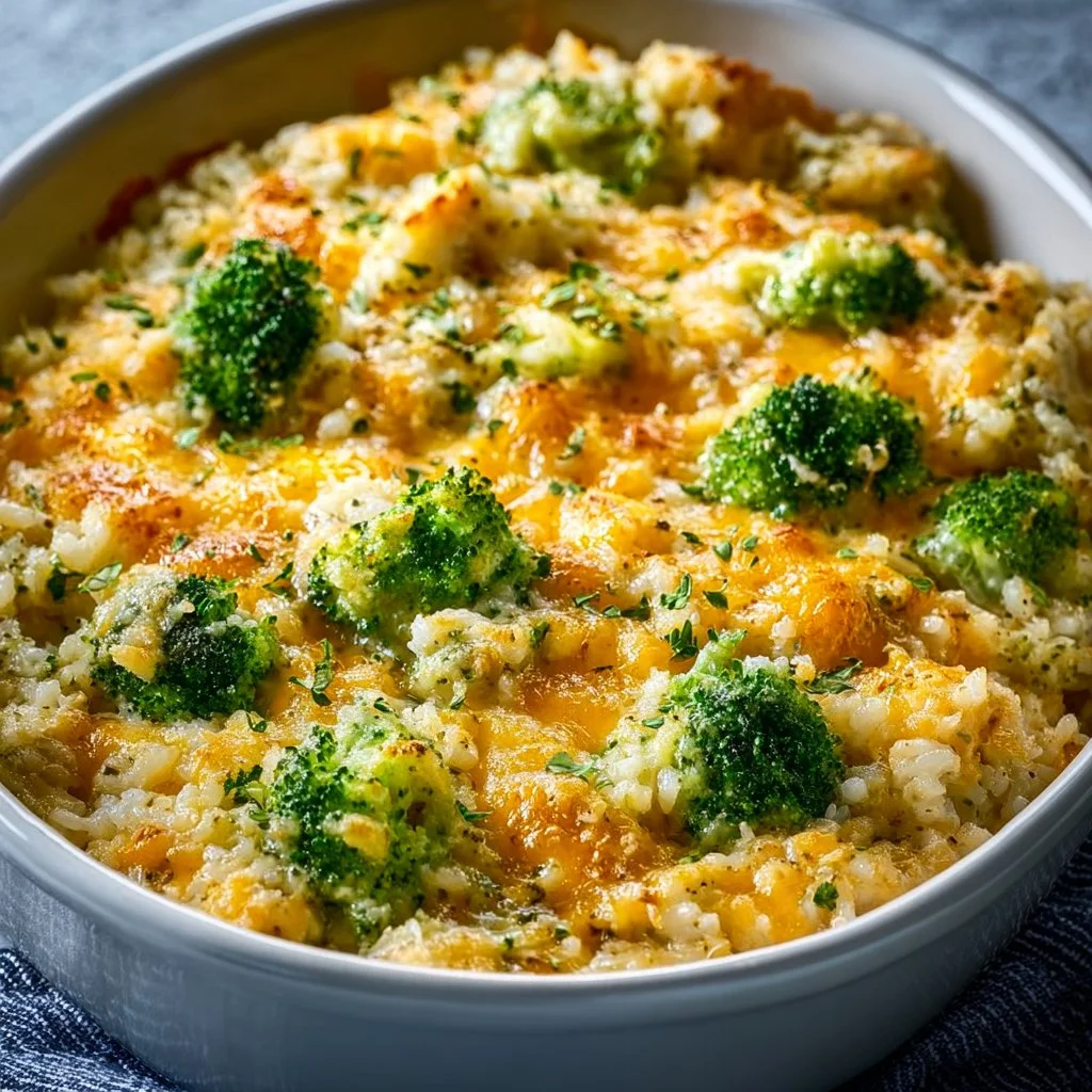 Cheesy chicken broccoli rice casserole served in a baking dish