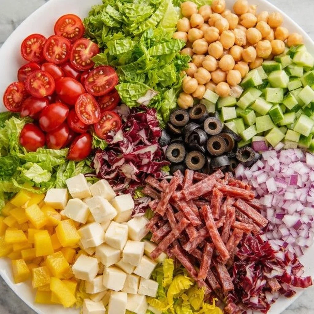 Chopped Italian Salad 3 Chopped Italian Salad with fresh vegetables, olives, and cheese served in a bowl.