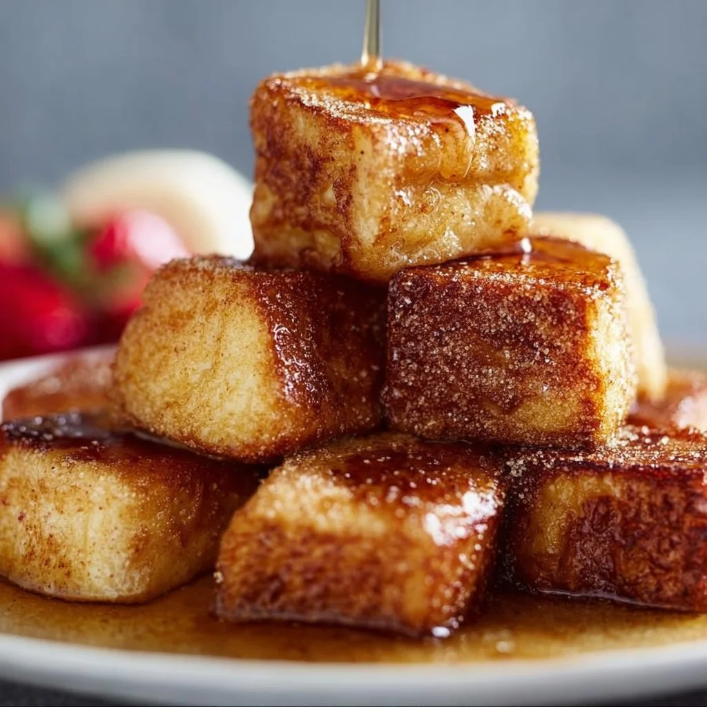Cinnamon French Toast Bites topped with powdered sugar and berries