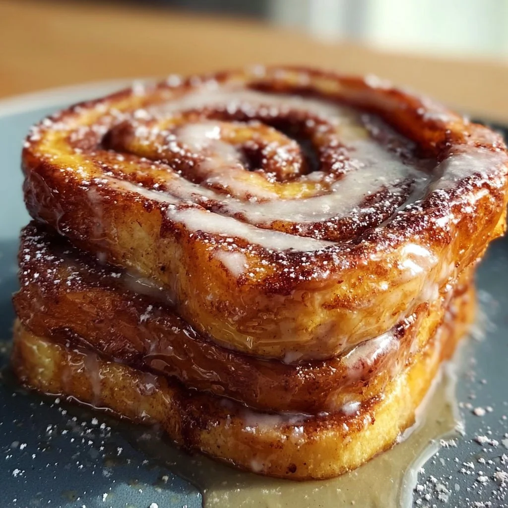 Cinnamon Roll French Toast: A Decadent Twist on Breakfast Classics 3 Delicious Cinnamon Roll French Toast topped with cream and syrup.