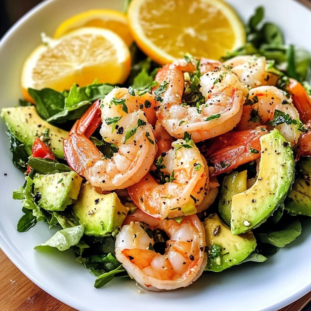 Citrus shrimp and avocado salad served in a bowl, garnished with fresh herbs.