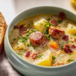 Bowl of classic German potato soup with sausage garnished with herbs