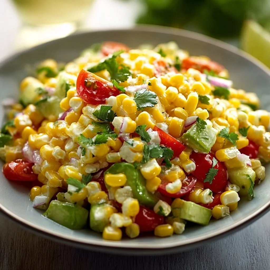 Corn salad with lime dressing in a bowl, colorful and fresh ingredients.