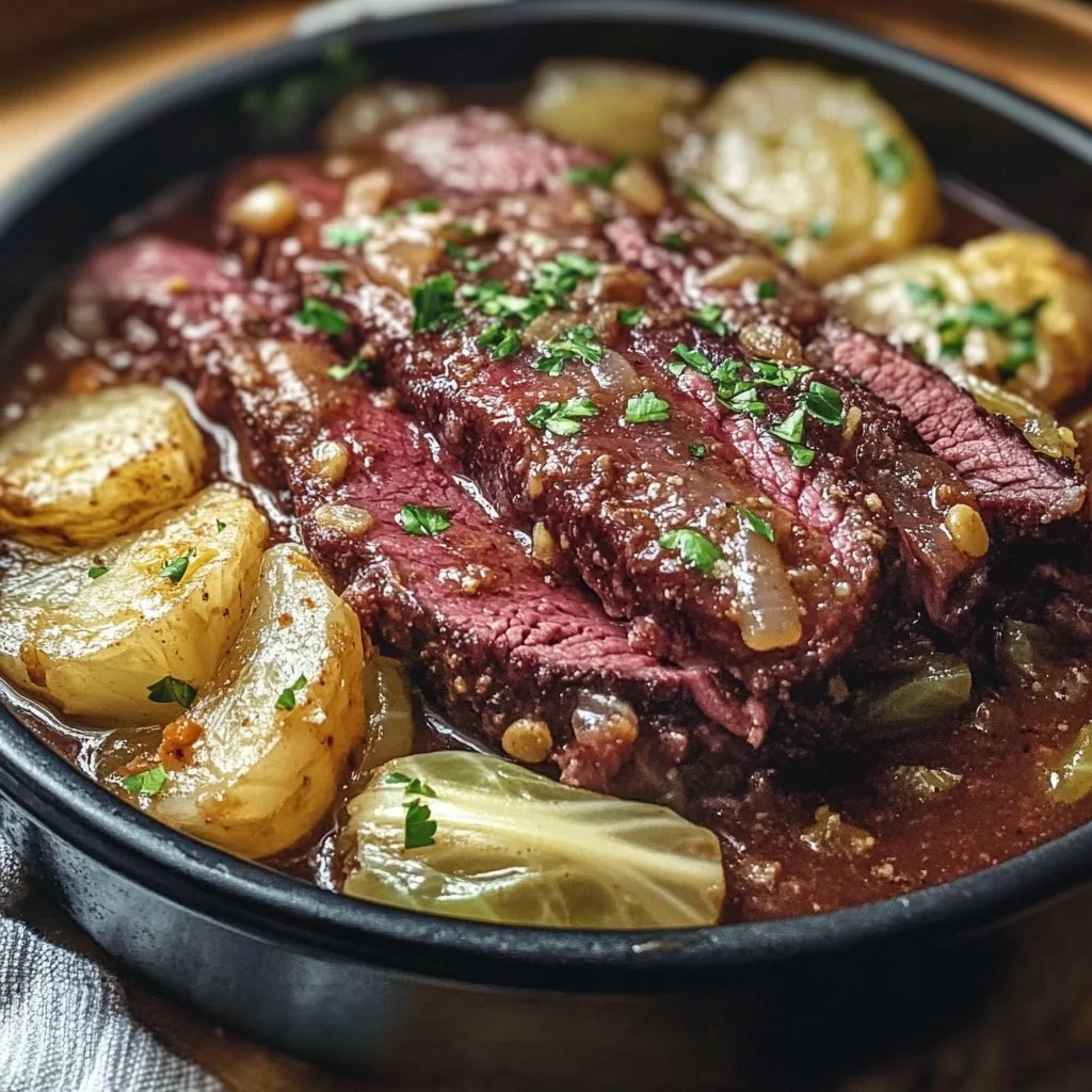 Slow cooker corned beef and cabbage dish served in a bowl