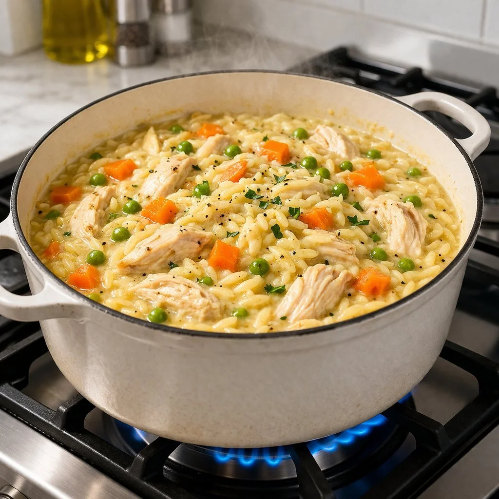 Creamy chicken pot pie with orzo served in a rustic dish