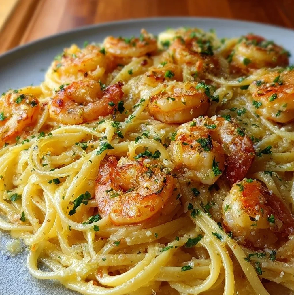 Creamy garlic shrimp pasta served in a white bowl with herbs