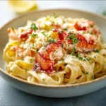 Delicious creamy lobster pasta dish garnished with herbs