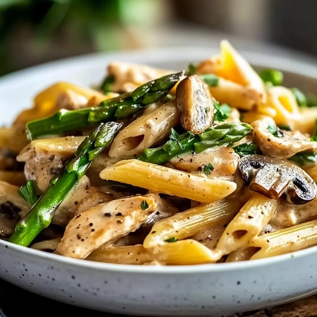 Creamy Mushroom Asparagus Chicken Penne dish served in a bowl