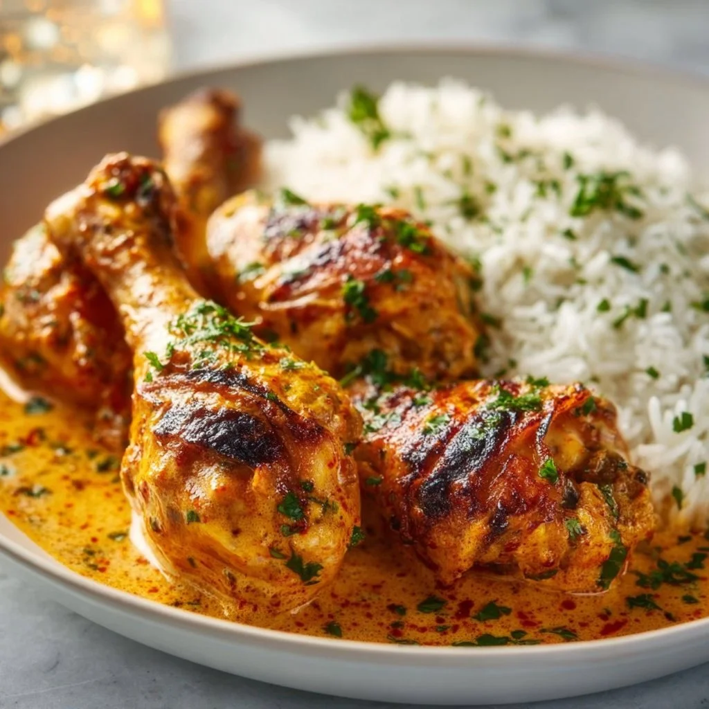 Creamy paprika chicken drumsticks served with a side of steamed rice