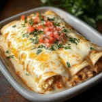 Delicious creamy queso chicken enchiladas topped with melted cheese and served hot.