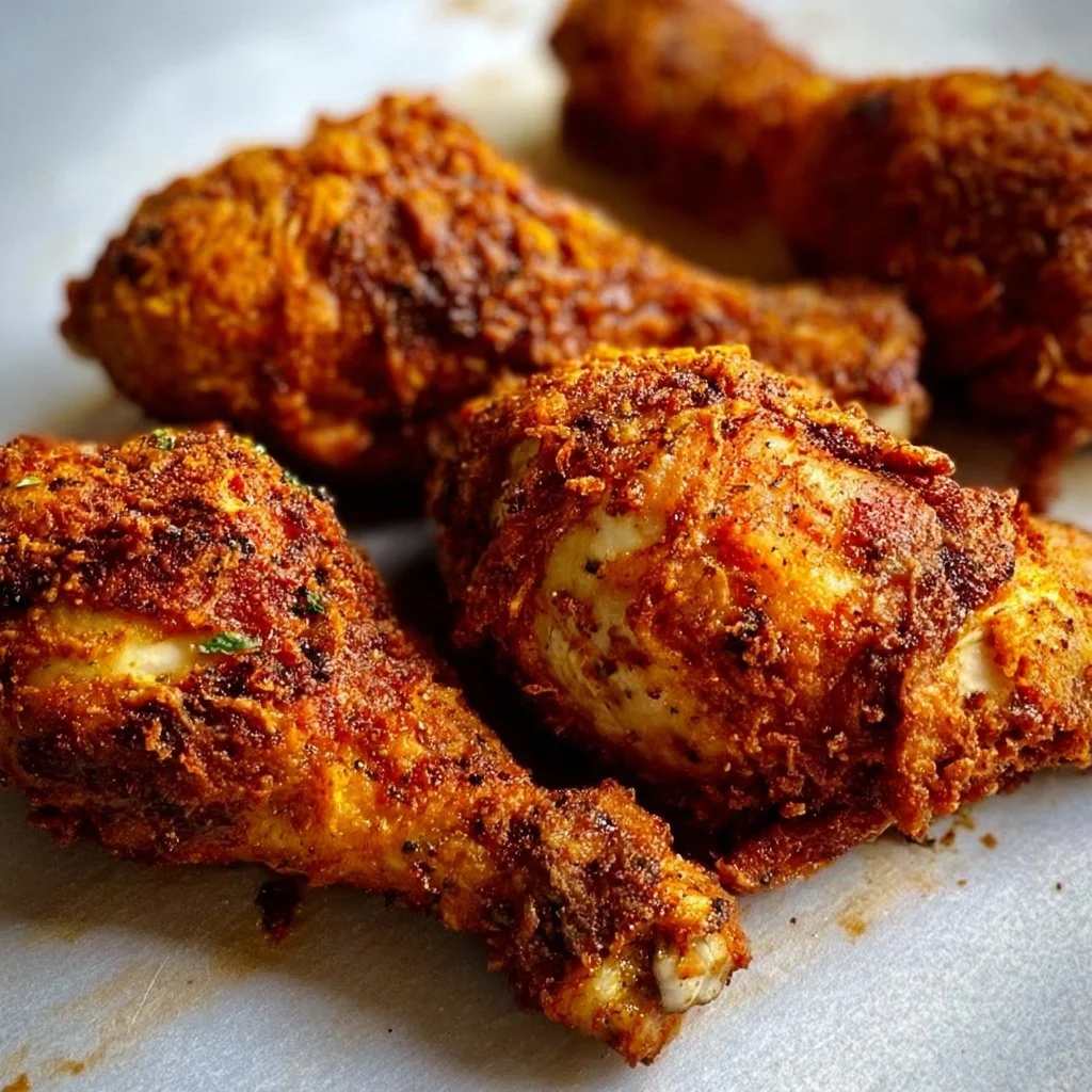 Crispy baked chicken drumsticks served on a plate with herbs and spices.