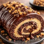 Decadent peanut butter cup chocolate roll dessert topped with chocolate and peanuts