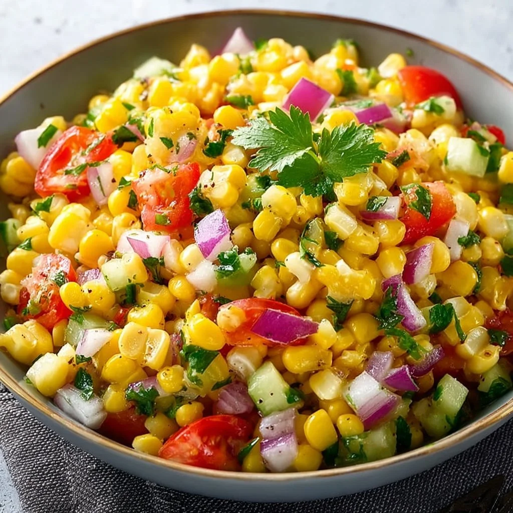 Bowl of easy corn salad with fresh ingredients and vibrant colors