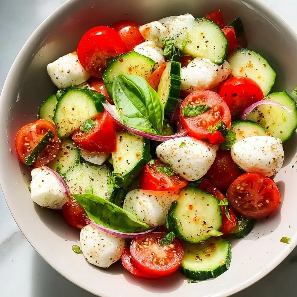 A refreshing Easy Cucumber Caprese Salad with tomatoes and mozzarella.