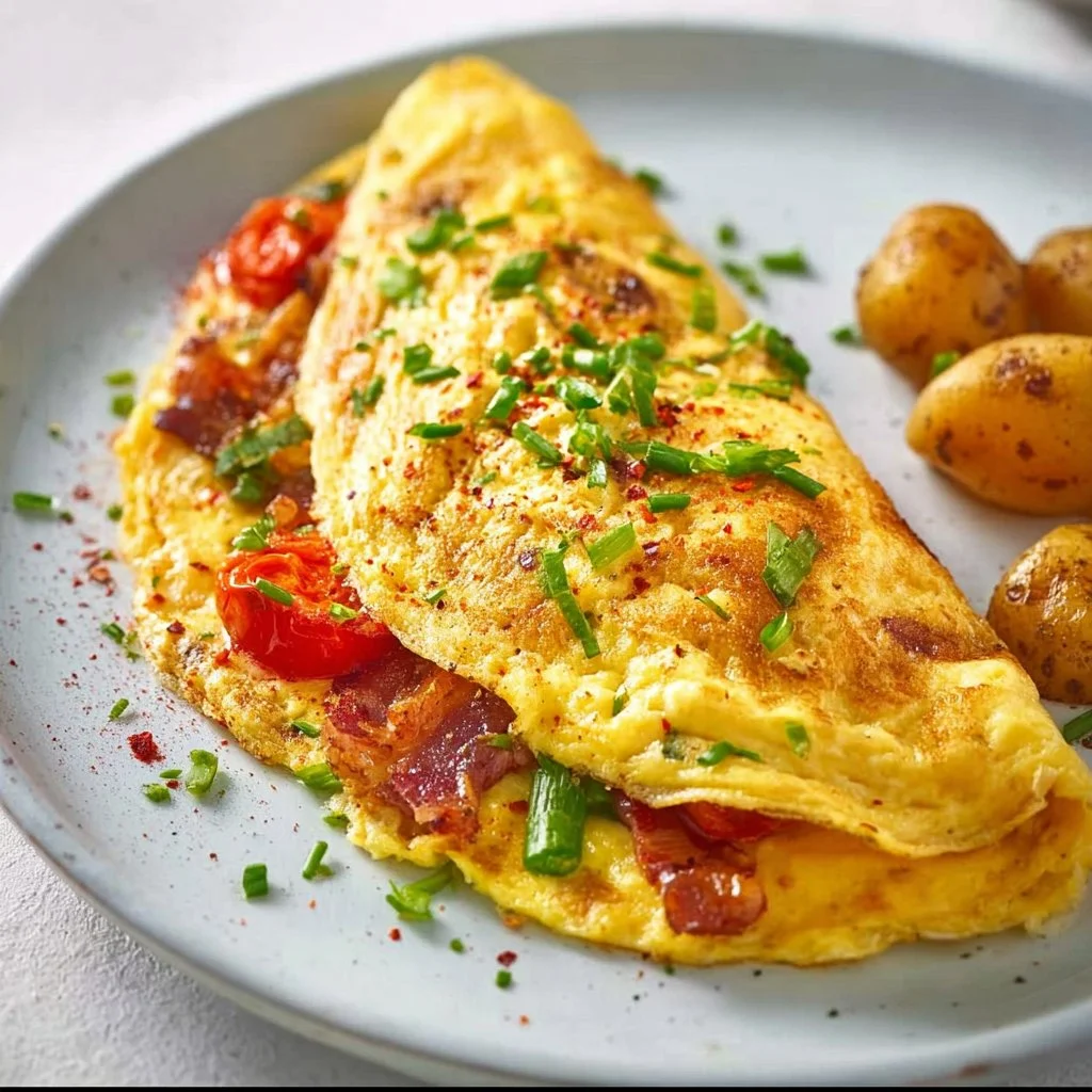 Delicious easy omelette with vegetables and cheese cooked in a skillet