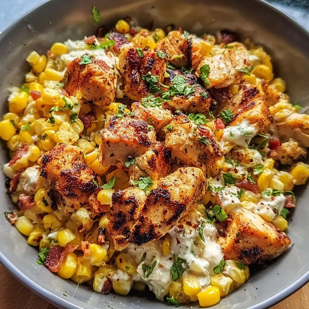 Delicious Easy Street Corn Chicken Bowl recipe with chicken, corn, and toppings.