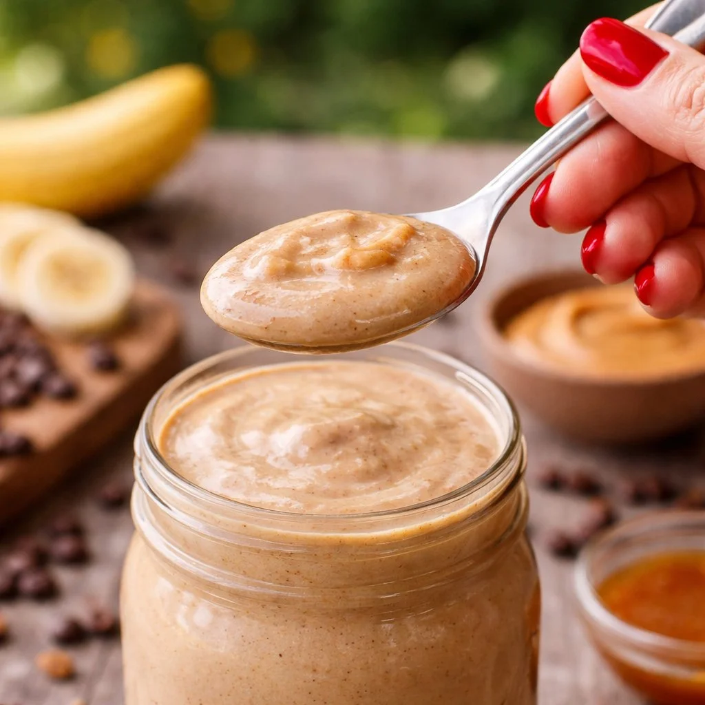 Creamy banana peanut butter coffee smoothie in a glass with a straw